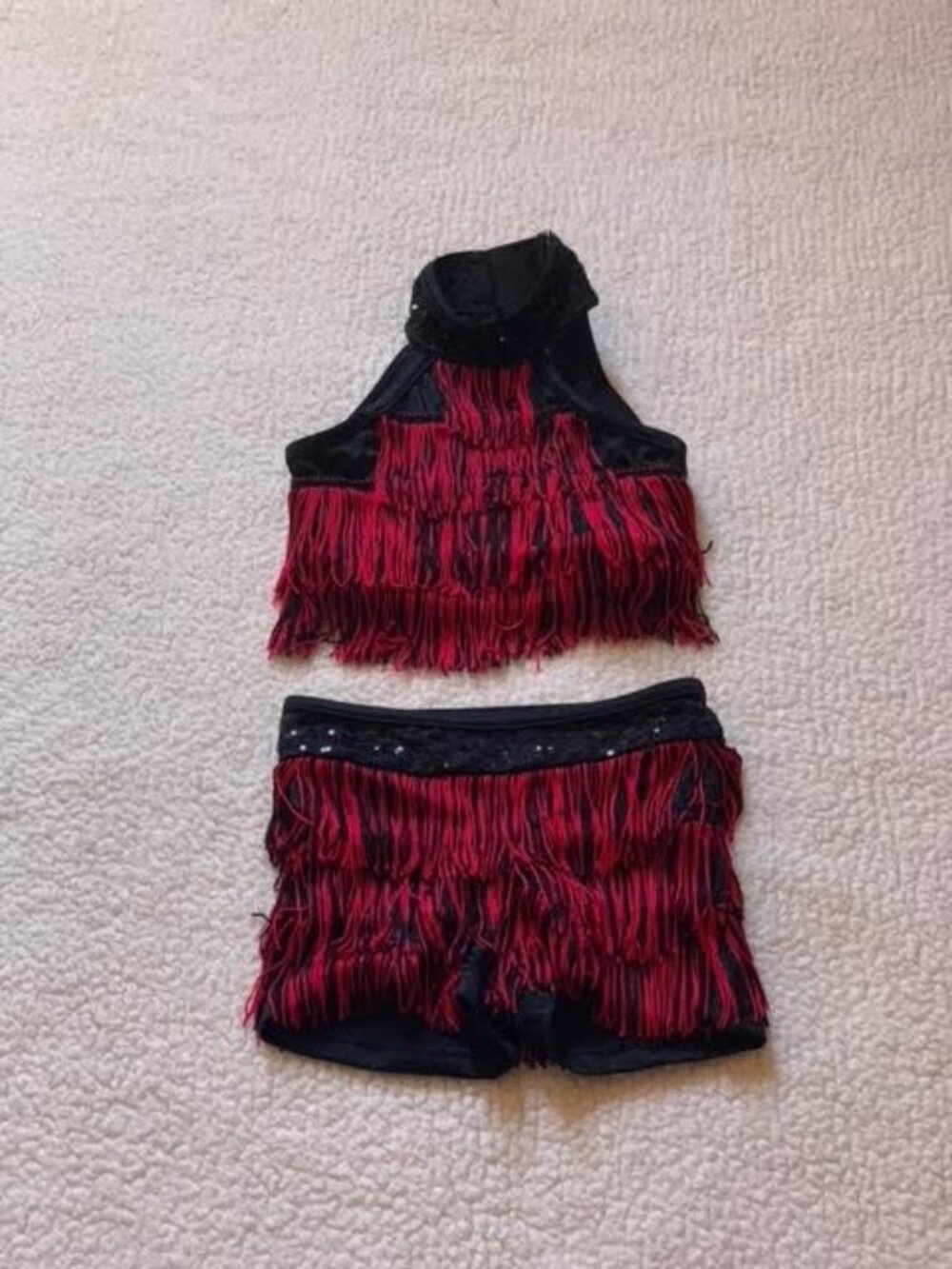 2 piece dance costume black with red fringe